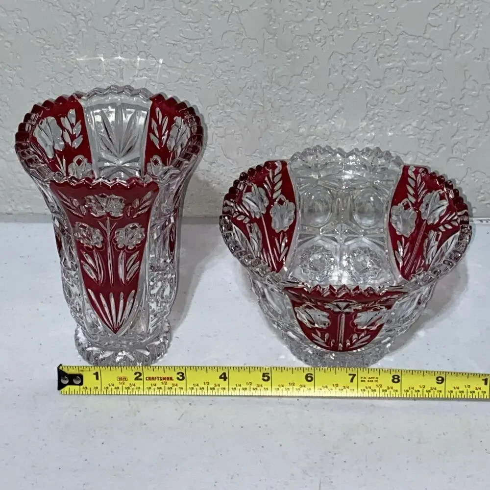 VTG Anna Hutte Bleikristall Germany Lead Crystal Floral Ruby Red Bowl Goblet Set